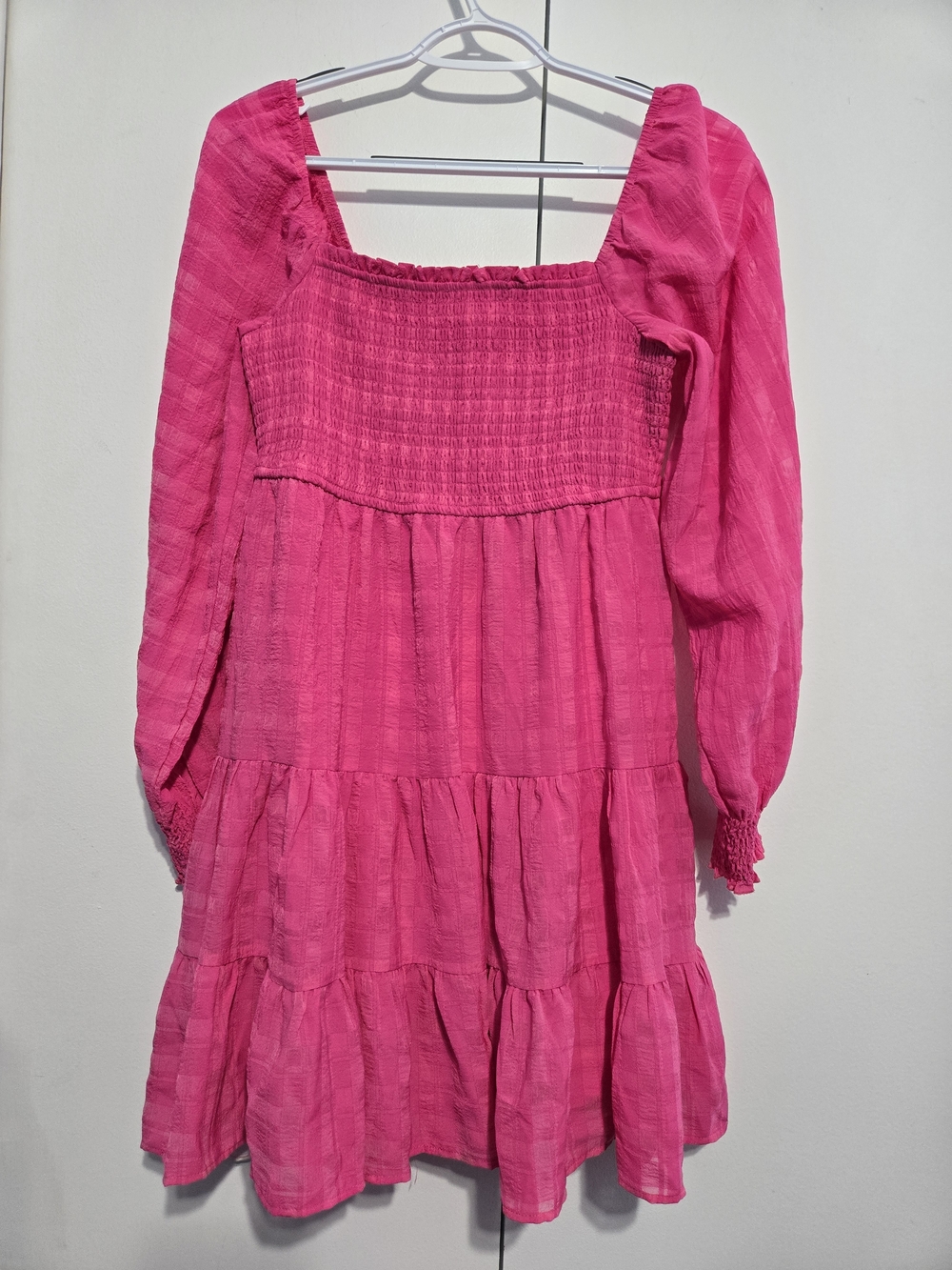 Pink Smocked Mini Dress Womens Medium Puff Sleeve Tiered Cottagecore Square Neck